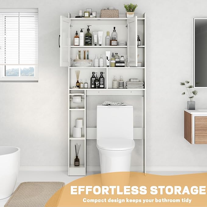 Over The Toilet Storage Cabinet, 32" W Over Toilet Bathroom Organizer with Toilet Paper Holder Stand, Home Space-Saving Toilet Rack for Bathroom, Restroom (2 Barn Doors+Open Shelf, White)