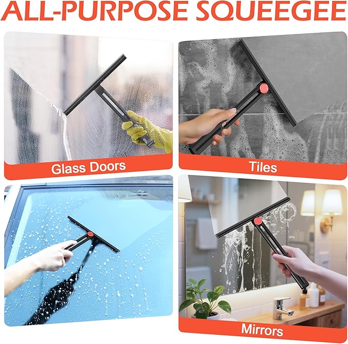 Upgraded Shower Squeegee for Glass Doors with 2 Pack Multi-Purpose 360° Rotating Window Squeegees for Walls Wiper, Car Windshield, Tile, Mirrors and Kitchen
