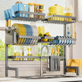 Sakugi Dish Drying Rack - Over The Sink Dish Drainer Drying Rack with Utensil & Knife Holder, Hooks, Stainless Steel Kitchen Organizers and Storage Solution, 11.8" D x 31.5"~39.0''W x 30" H, Gray