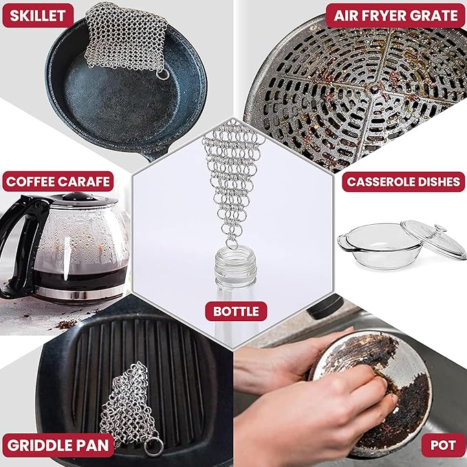 Zylark Cast Iron Scrubber Chain - Cast Iron Cleaner Scrubber - Chain Mail Scrubber Cast Iron - Chainmail Scrubber - Skillet Cleaner - Pan Scrubber for Cookware