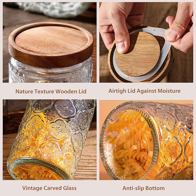34 OZ Glass Storage Jar with Airtight Bamboo Wooden Lids, Vintage Food Containers Canisters Sets for Kitchen Counter Pantry, Sugar, Flour, Candy, Tea, Coffee Beans, Oats, Grain Bin, Pasta, Cereal