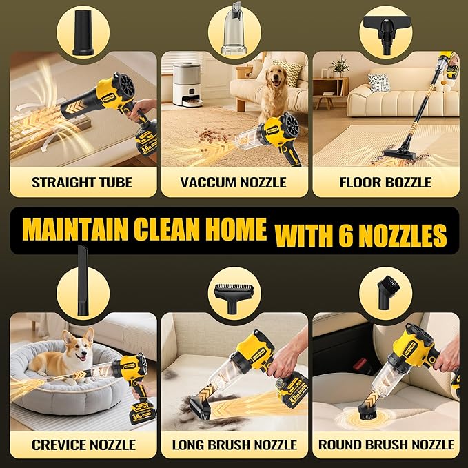 6-in-1 Cordless Vaccum Cleaner, 8000MAH Battery Powered Handheld Car Vacuum with 700W Brushless Motor, 110/240V 50KPA High Power Suction & Blower for Home, Car, Pet Hair, Keyboard