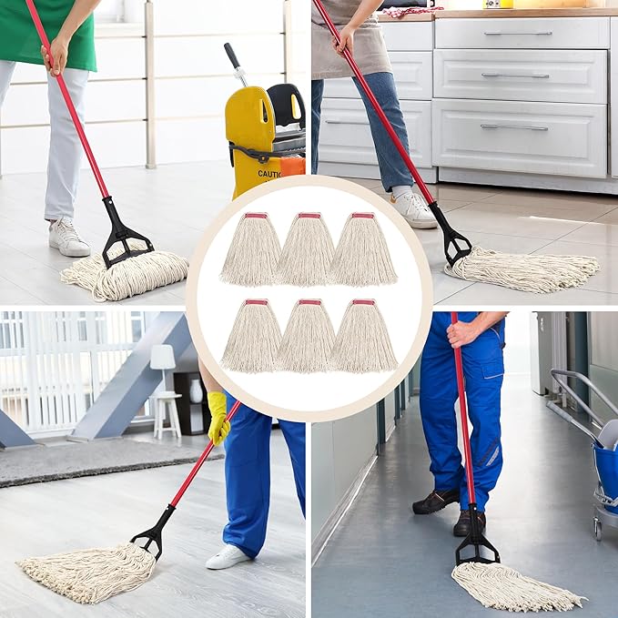 Matthew Cleaning 24oz 6Pack Cotton Floor Mop,Cotton Looped-Open String Heavy Duty String Mop Refills, Universal Headband Blend,Mop Head Replacement for Home, Industrial and Commercial Use(White)
