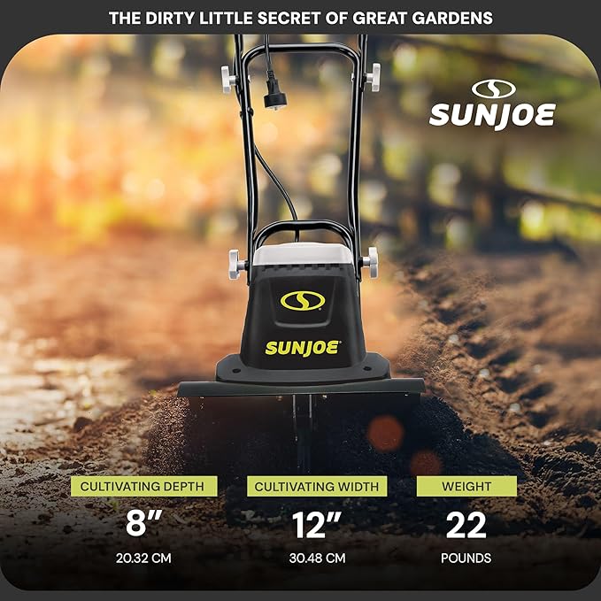 Sun Joe Electric Garden Tiller and Cultivator with 3 Position Height Adjustment Maximum 12-inch Cultivating Width and 8 Amp Motor, TJ602E