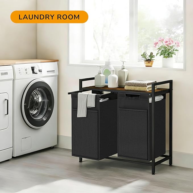 Laundry Hamper with Shelf, Laundry Basket with 2 Pull-Out Removable Bags, 2 x 13.1 Gallons(99L), Metal Frame, Lockable Wheels, for Laundry Room and Bedroom