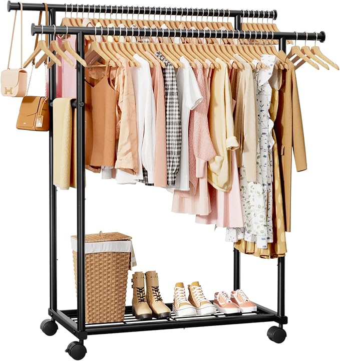 Sakugi Metal Clothes Rack - Double Rod Clothing Rack with Fixed Design and Rolling Wheels, Coat Rack with Built-In Shelf for Closet Organizers and Storage (38.5" x 16.9" x 59.0", Black)