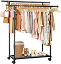 Sakugi Metal Clothes Rack - Double Rod Clothing Rack with Fixed Design and Rolling Wheels, Coat Rack with Built-In Shelf for Closet Organizers and Storage (38.5" x 16.9" x 59.0", Black)