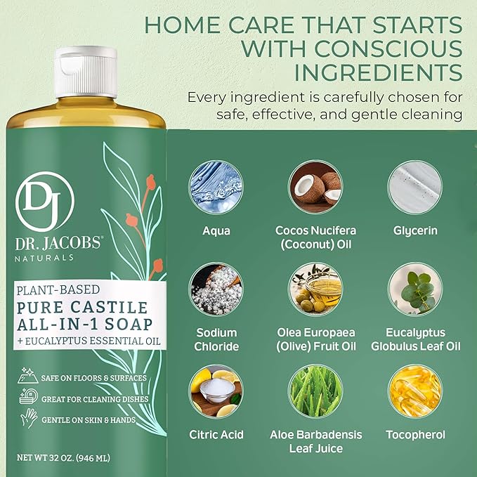 Dr. Jacobs Naturals Eucalyptus Castile All-in-One Cleaner and Soap - Plant-Based Formula for House Cleaning Floors and Appliances - Gentle on Skin and the Planet - 32 oz, 1 Pack