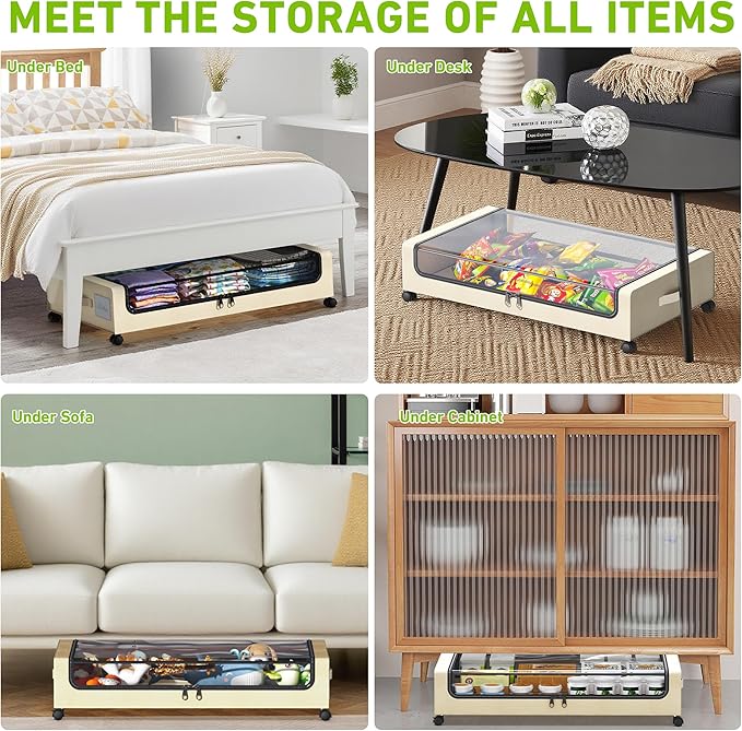 YAASHEEN Under Bed Storage with Wheels, Under the Bed Storage Containers with Clear Lids & Label, Underbed Storage Bins, XXL 60L Rolling Metal Drawer for Clothes, Shoes, Toys, Books (Beige)