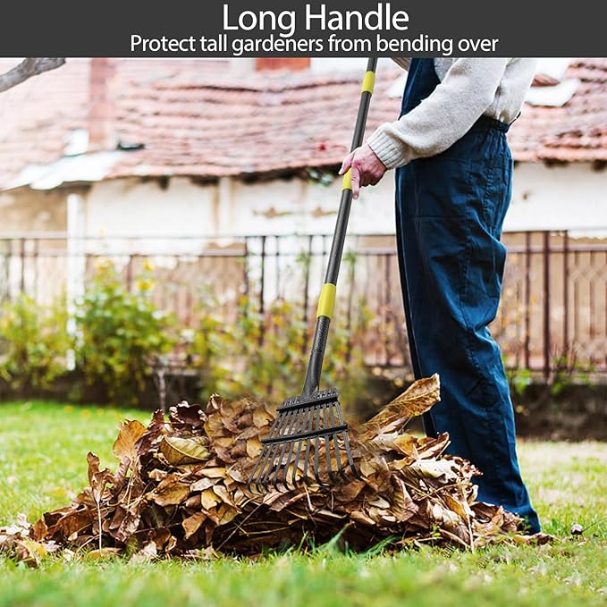 Garden Leaf Rake for Leaves with 32 Gallon Lawn and Leaf Bags & Leaf Scoops, Adjustable 11 Tines 9" Wide Small Adult Kids Lawn Shrub Yard Landscape Metal Rake Heavy Duty Long Handle 30-60
