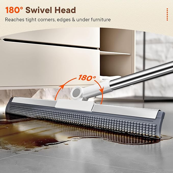 Floor Squeegee for Concrete Floors, 180° Rotating Silicone Broom, Squeegee for Floor with Long Handle and Dual-Sided Blade Design, Water and Pet Hair Remover for Bathroom Floors, Tile, Deck and Glass