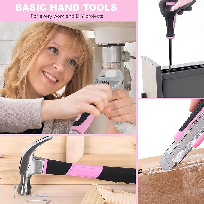 FASTPRO 175-Piece 12V Pink Drill Set, Cordless Lithium-ion Driver and Tool Kit, House Repairing Tool with 12-Inch Storage Bag, For DIY, Home Maintenance