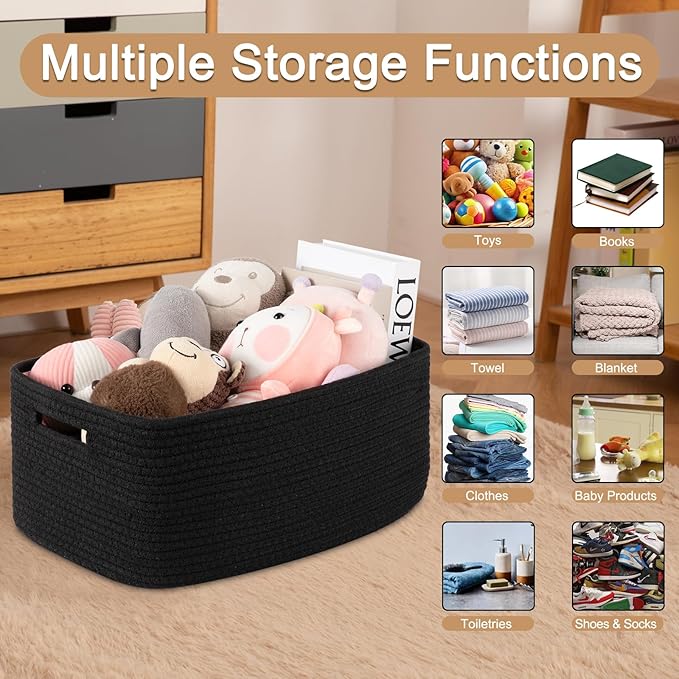 Large Storage Basket for Organizing, Woven Rope Basket for Shelves, Closet Organizer Bins for Clothes, Blanket, Toys, Baby Nursery Storage, 17.7" x 13" x 7.87", 2 Packs Black