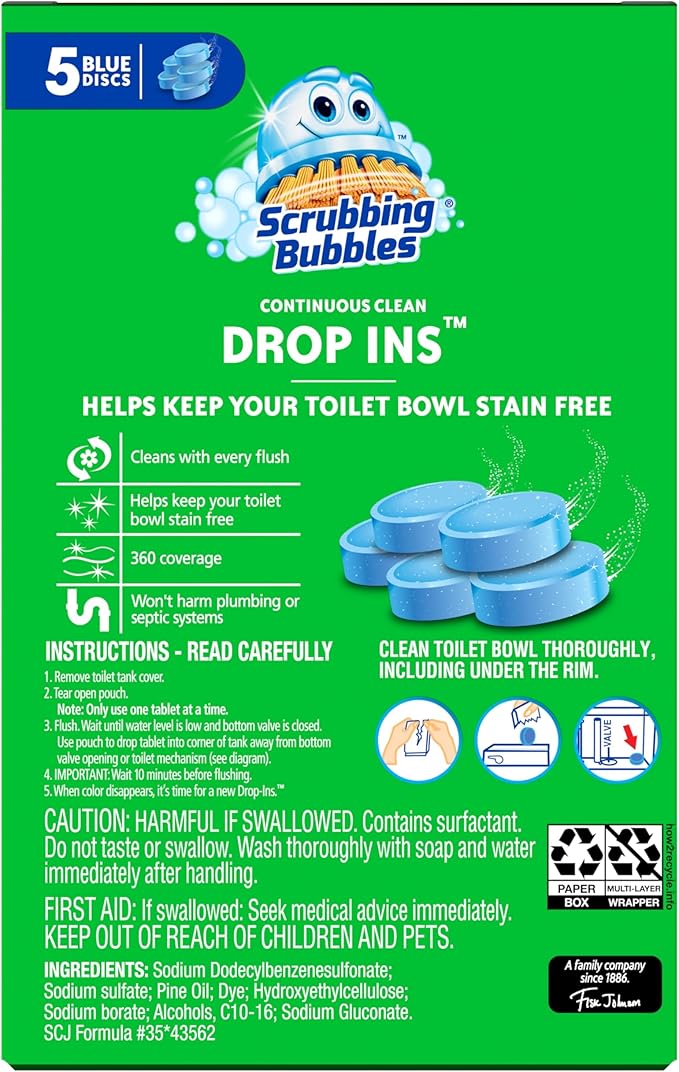 Scrubbing Bubbles Continuous Clean Toilet Drop-Ins, Automatic Blue Toilet Bowl Cleaner, Septic-Safe Tank Tablets Remove Hard Water Minerals & Limescale, Stain & Smell Protection, 5 Count (Pack of 1)