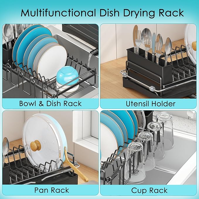 ANTOPY Dish Drying Rack in Sink, Expandable Rustproof Dish Rack for Kitchen Counter, Over The Sink Dish Drainer with Utensil Holder, Cup Rack, Drainboard, Space Saving Dish Dryer Rack for Inside Sink