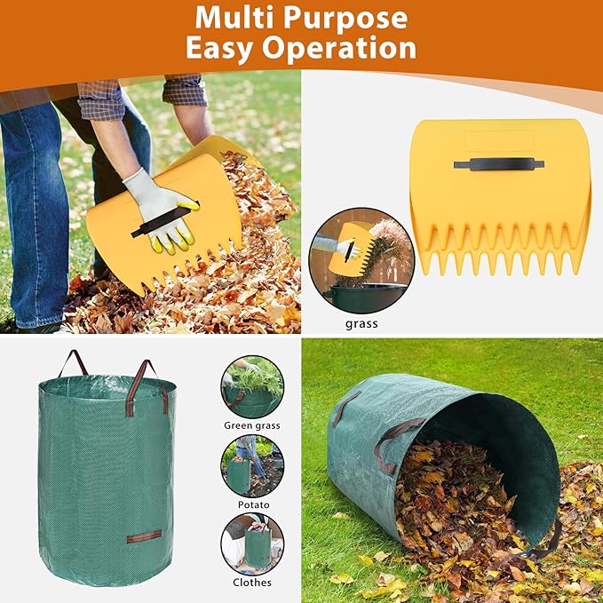 Rake for Leaves: Large 18" Wide Metal Leaf Rake, 65” Long Handle,25 Tines,Heavy Duty Graden Rakes Set for Lawn Yard Pine Needles Mulch Thatch Debris Cleanup Set with 32Gallon Leaf Bags and Scoops