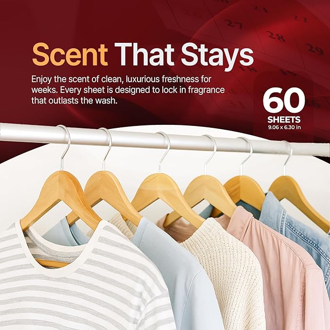 Dryer Sheets – Carat Rouge Scent | Ultra-Soft Essential Oil Dryer Sheet | Long-Lasting Fabric Sheet | 60 PCS Scented Laundry Sheets With Odor Neutralizing Technology by Perfa