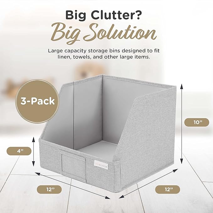 Trapezoid Closet Bins for Shelves – 12x12x10 Fabric Storage Baskets, Closet Organizers Bins, Open Front Fabric Baskets, Collapsible Organizer Boxes for Clothes, Linen – Light Gray, 3 Pack