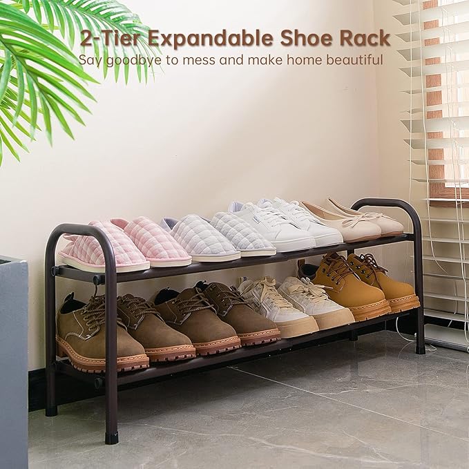 Gonfoam 2-Tier Expandable Shoe Rack,Adjustable Shoe Shelf Storage Organizer Heavy Duty Metal Free Standing Shoe Rack for Entryway Closet Doorway (Bronze)