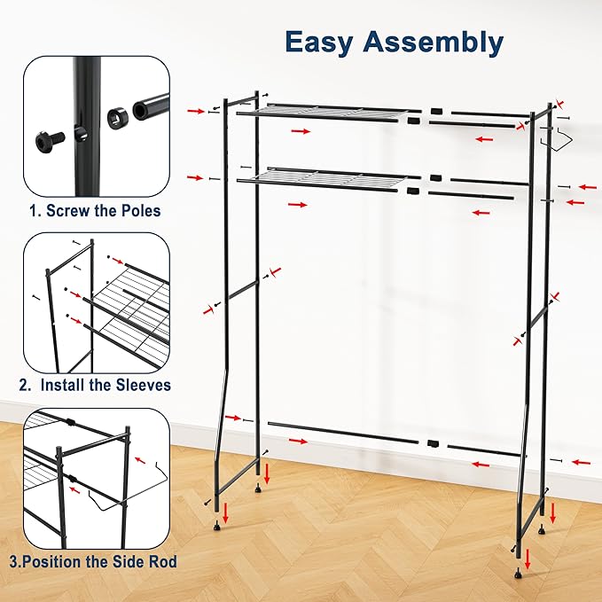 Laundry Room Storage Shelf & Organizer, 2 Tier Metal Over Washer and Dryer Shelves, Washing Machine Shelf with Hanger Rod, Expandable Bathroom Space Saver Shelf, 26–37" L x 15.8" W x 59.5" H, Black
