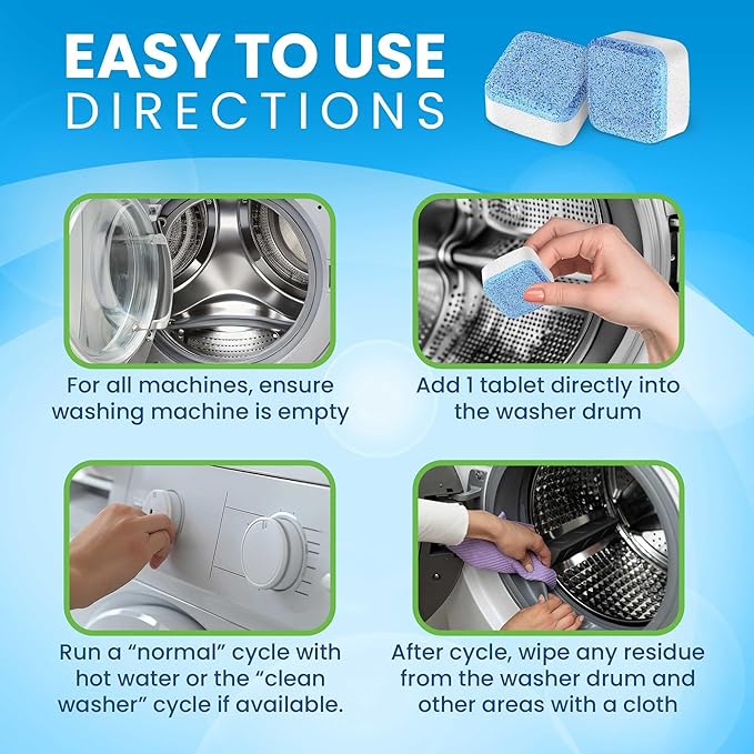 Washing Machine Cleaner Tablets 24 Pack – Deep Cleaning Descaler for HE, Front & Top Load Washers – Septic Safe, Eco-Friendly Freshener, Helps Maintain a Clean Drum – 12 Month Supply