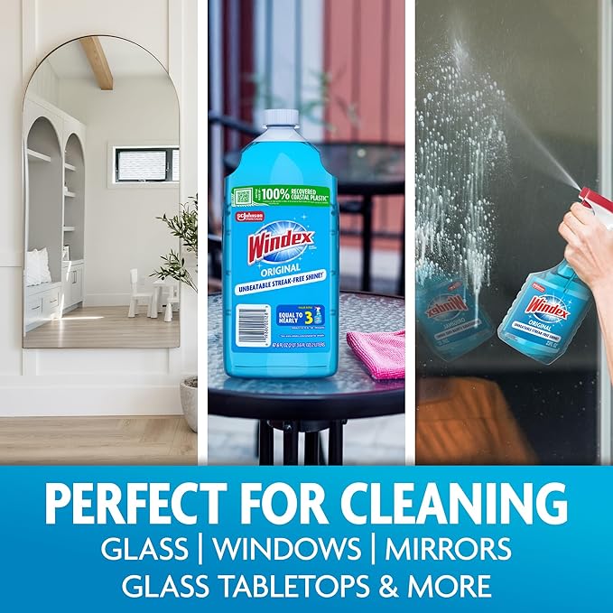 Windex Refill Glass and Window Cleaner Bottle, Bottle Made from 100% Recycled Plastic, Surface Cleaning Spray, Original Blue Scent, 2L (67.6 Fl Oz)