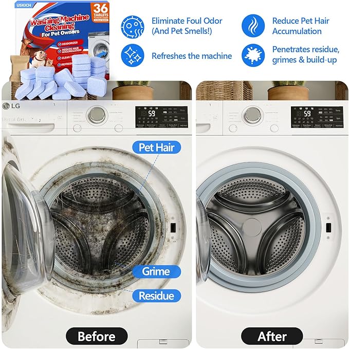 Washing Machine Cleaner-36Pack-18 Month Supply,Washer Machine Cleaner Tablets Formulated For Pet Owners,Easy Pet Hair Remover for Laundry,Compatible with HE, Top & Front Load Washer.Septic Safe