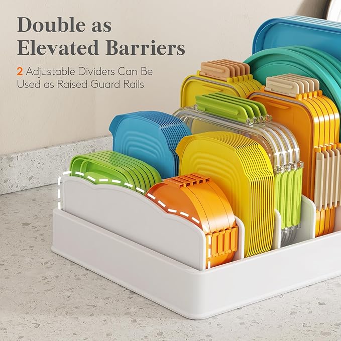 Lifewit Kitchen Cabinet Organizer for Food Contanier Lid, Lid Holder with 6 Adjustable Dividers & 7 Sections for Pantry Organizers and Storage, Home Drawer Organization, Large, 13" x 10"