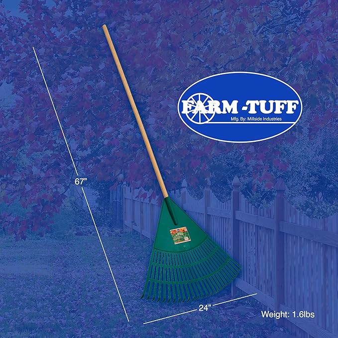 FARM-TUFF 24 Inch Leaf & Lawn Rake with 48 Inch Hardwood Handle - Extra-Wide, Durable Rake for Lawns, Gardens, and Yard Cleanup