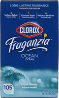 Clorox Fraganzia Fabric Softener Dryer Sheets, Wrinkle Reducing and Anti Static Laundry Dryer Sheets for Great Smelling Clothes, Softens Fabrics, Fresh Ocean Scent, 105 Count