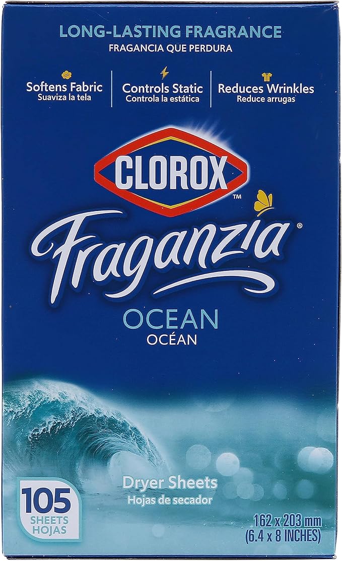 Clorox Fraganzia Fabric Softener Dryer Sheets, Wrinkle Reducing and Anti Static Laundry Dryer Sheets for Great Smelling Clothes, Softens Fabrics, Fresh Ocean Scent, 105 Count