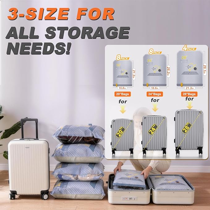20-Pack Vacuum Bags for Travel with Wireless Rechargeable Pump, Carry-on Size Compression Packing Bags for Luggage & Suitcase, Space Saver for Clothes & Clothing, 20 Combo Travel Size, Fast 3S Vacuum
