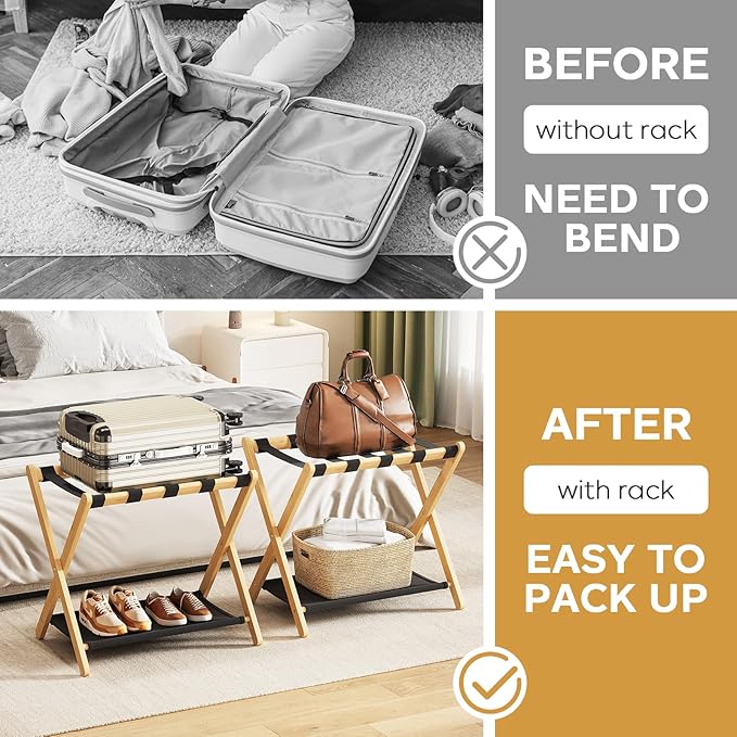 oakvivo Fully Assembled Luggage Rack, 26.77" Natural Luggage Rack for Guest Room, Bamboo Folding Suitcase Stand with Fabric Storage Shelf, Heavy Duty 5 Nylon Straps Luggage Holder for Hotel, 1 Pack