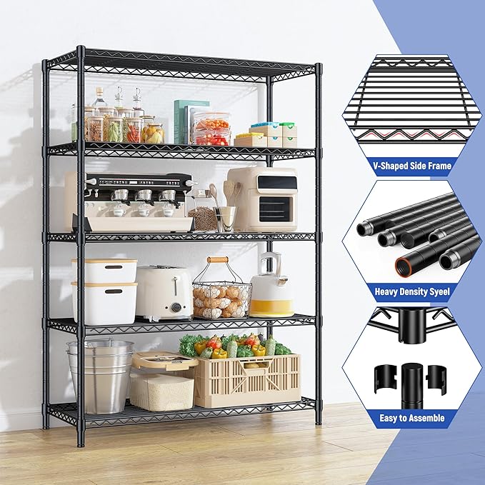Romorgniz 5 Tier Storage Shelves 71"H Wire Shelving Adjustable Metal Shelving,1000LBS Pantry Shelves Sturdy Steel Wire Shelf for Kitchen Commercial Pantry Garage Warehouse ,71"H X35.5"W X13.8"D, Black