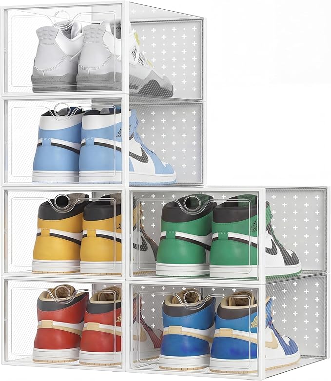 Pinkpum XXL Larger Shoe Storage Boxes Fit Size 14, Clear Plastic Stackable Shoe Organizer 6 Pack Sneaker Storage for Sneakerheads Shoe Containers