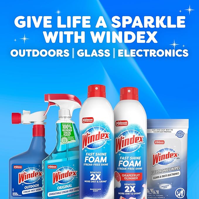 Windex Fast Shine Foam Glass Cleaner Supplies, No-Drip Window & Mirror Aerosol Spray, Streak-Free, Removes Fingerprints, Dust, Dirt & Smoke Film, Grapefruit Scent, 19 oz