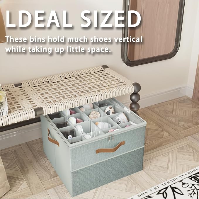Shoe Organizer for Closet,2 Pack Foldable Shoe Storage Organizer Box Bin with Adjustable Dividers and Clear Cover, Fits up to 16-32 Pairs（Grey）