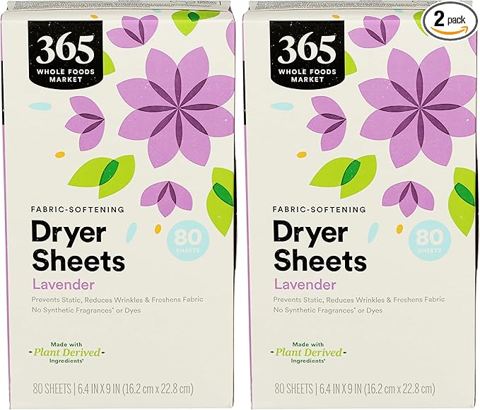 365 by Whole Foods Market, Lavender Fabric Softener Sheets 80 Count, 80 Count (Pack of 2)