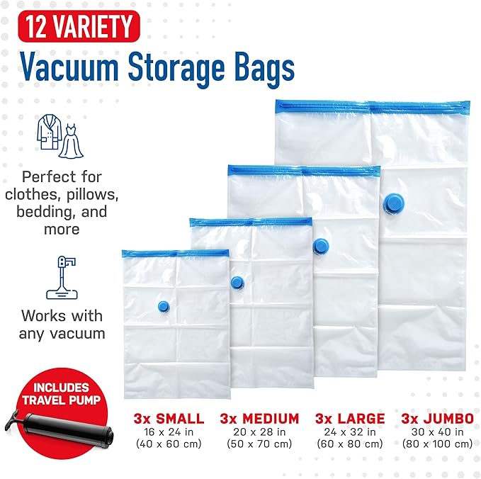 Spacesaver Variety Vacuum Storage Bags for Comforters, Blankets & Clothes – Sealed Compression Bags with Hand Pump – Space Saver Bags for Bedding,Travel & Organization - 3S, 3M, 3L & 3XL - Pack of 12