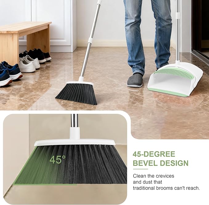 Broom with Dustpan Combo Set for Home 54-in Long Adjustable Handle Angle Broom and Dustpan Set with Dustpan Comb Teeth for Sweeping Pet Hair Food Dirt Kitchen