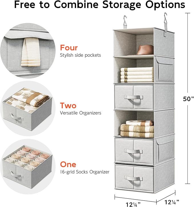 Vailando 6-Shelf Hanging Closet Organizer with 3 Drawers, Closet Hanging Shelves with Removable Fabric Drawers for Wardrobe, Nursery & Dorm Storage, Silver Gray