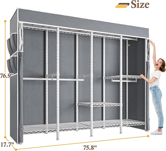 Raybee Clothes Rack with Cover,1100 LBS,Clothing Racks for Hanging Clothes Heavy Duty,Portable Closet with Shelves,Adjustable,White,75.8" W x 17.7" D x 76.9" H