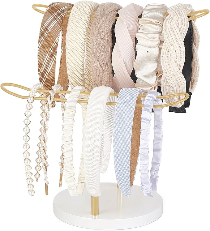 Dahey Headband Holder Organizer Metal 2-Tier Hair Hoop Display Stand Headband Organizer Storage Hair Ropes Accessories Bracelets Bangles Bedroom College Dorm Decor for Girls Women, Gold