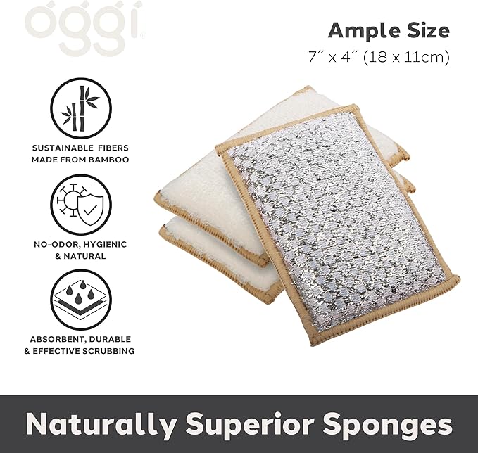 OGGI Bambou Odor-Free Scrubbing Sponges - Natural Scrub Sponges for Dishes, 91% Bamboo-Derived Rayon Cellulose Fiber, Reusable, Absorbent, Durable Scrubbers, Non-Scratch, Washable - 3 pcs, 7x4