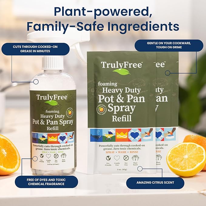 Truly Free Heavy Duty Pot & Pan Spray | Non Toxic Powerful Grease Remover, Multi-Purpose Kitchen Oven Cleaner Spray Degreaser for Stove Top, Grill Citrus Scent | Includes 1 Empty Bottle & 2 Refill