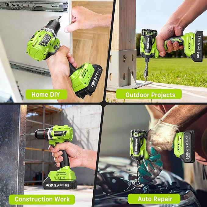 21V Cordless Drill & Impact Driver Combo Kit, 3/8" Drill & 1/4" Impact Driver, 2×2000mAh Batteries, Fast Charger, 16-Piece Bit Set for DIY Projects, Furniture Assembly & Home Repairs