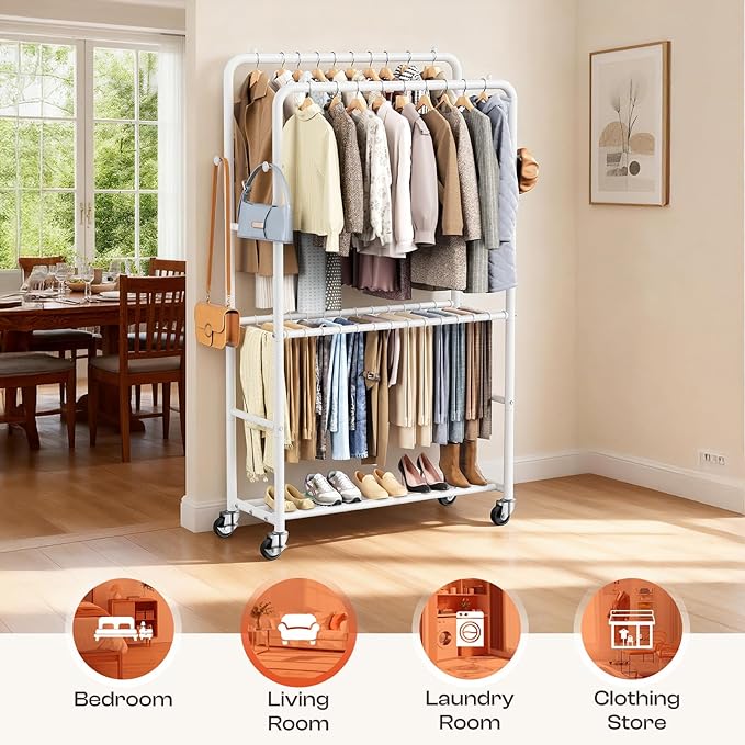 Clothes Racks for Hanging Clothes, Rolling Clothing Rack with Pants Rack, Side Hooks & Shoe Shelf, Portable Garment Rack for Bedroom, Laundry Room, Clothing Store, Closet, White