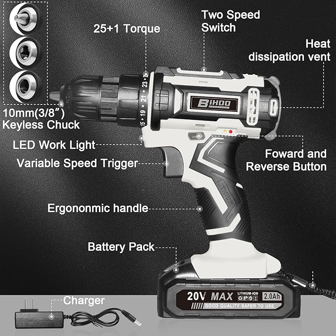 Cordless Drill Set,20V Drill Driver with Battery and Charger,3/8-Inch Keyless Chuck, Variable Speed,with Drills Bits Set,Gray