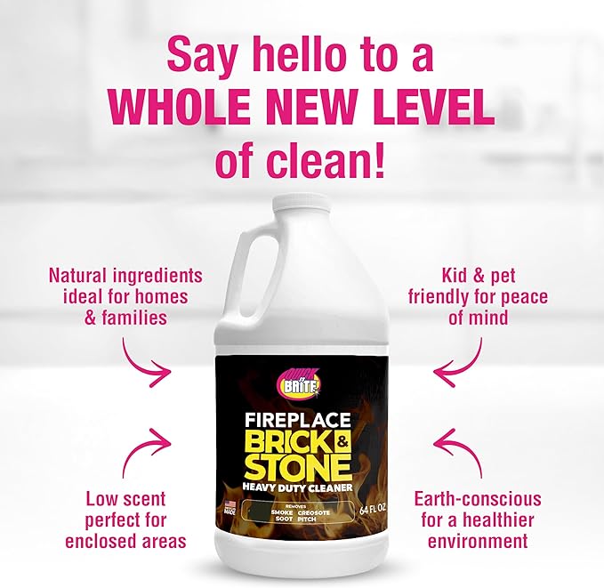 Quick 'n Brite Fireplace Brick and Stone Cleaner 64oz - Natural Stone, Tile, and Marble Cleaner with Scrub Brush - Indoor Fireplace and Wood Stove Cleaning Kit - Pellet Stove Creosote Remover