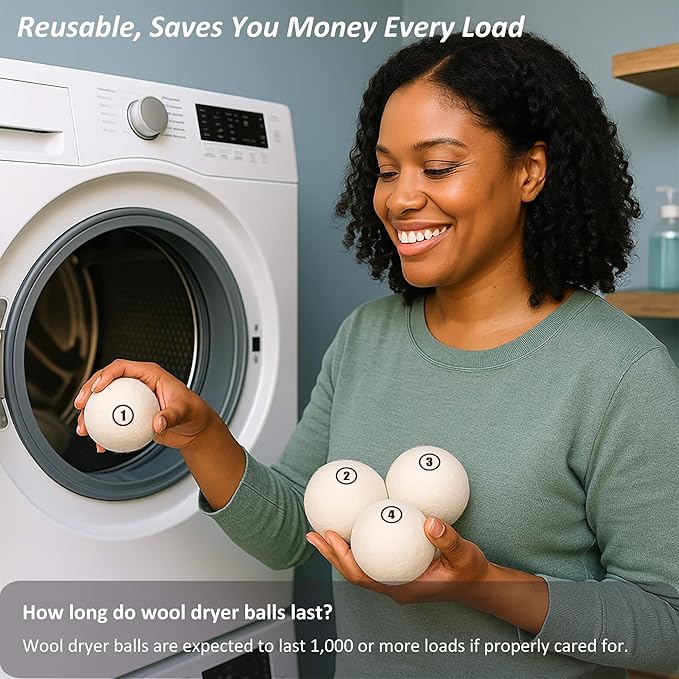 Wool Dryer Balls Laundry, L(2.3") 6 Pack, Premium Fabric Softener Ball, Reusable, Anti Static, Chemical Free Natural Wool Balls for Dryer, Laundry Dryer Balls – 100% New Zealand Wool